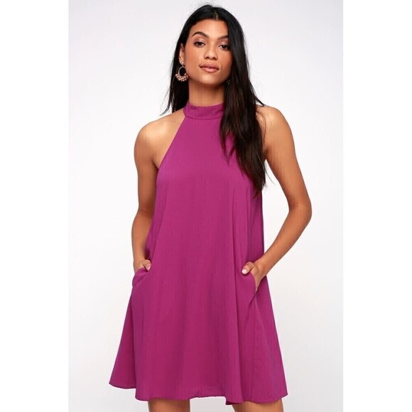 Lulus Love of Mine Magenta Pink Halter Swing Dress Pockets M - Picture 2 of 10